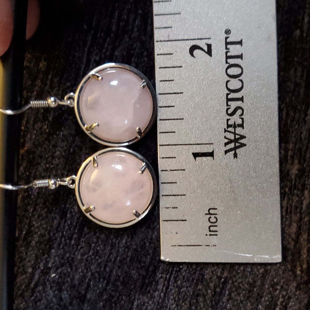 Genuine ROSE QUARTZ Round Cabochon Prong Set Silver Fish Hook Drop Earrings - Picture 5 of 5